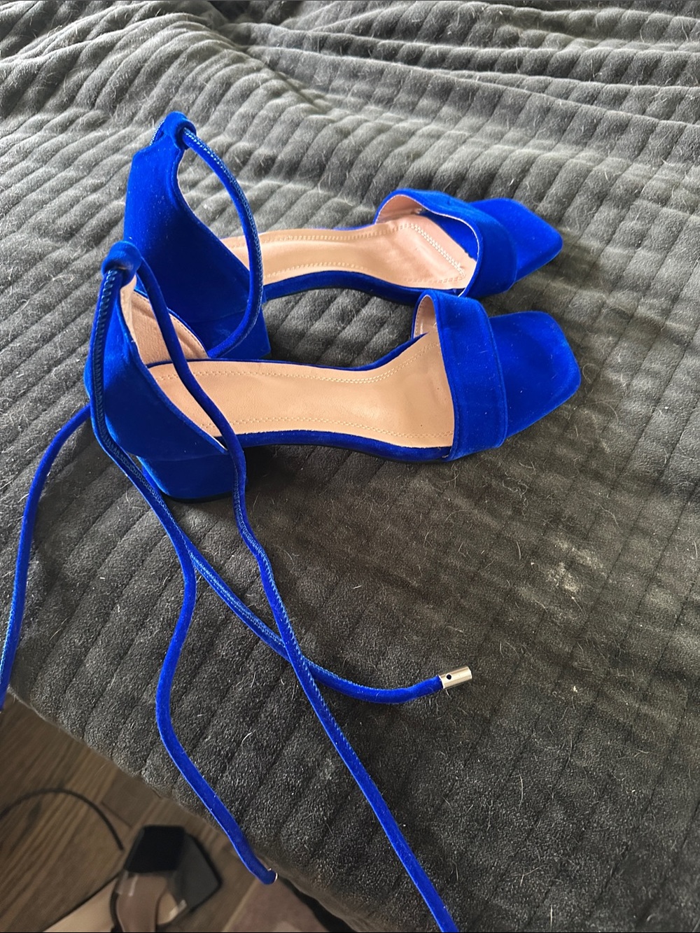 Blue Velvet Lace-Up Block Heel Sandals